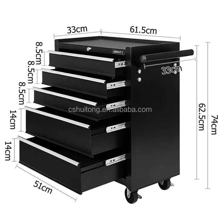 High Quality 5 Drawers Movable Black Tool Cabinet Trolley with Handle and Wheels